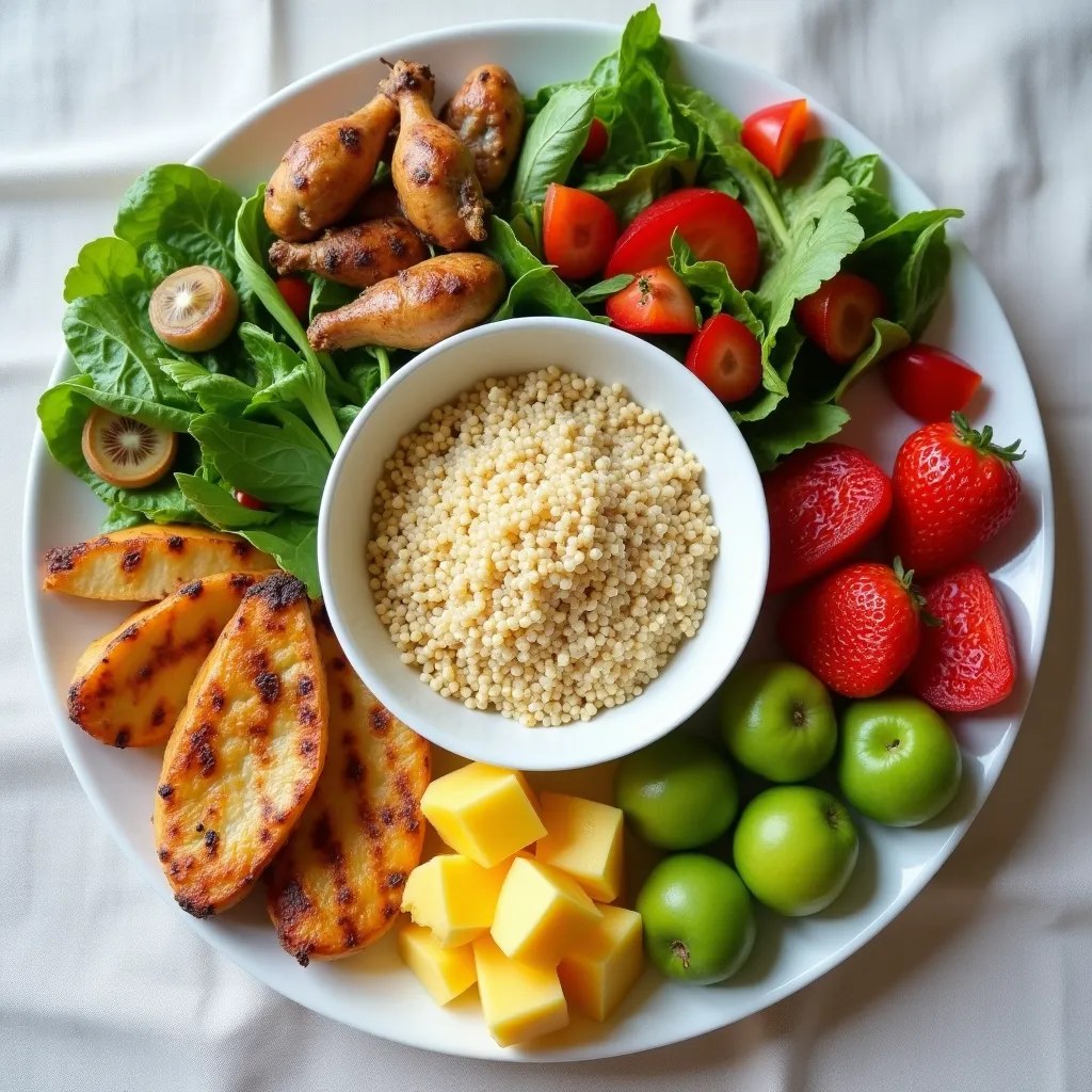 O masă echilibrată cu diverse alimente sănătoase